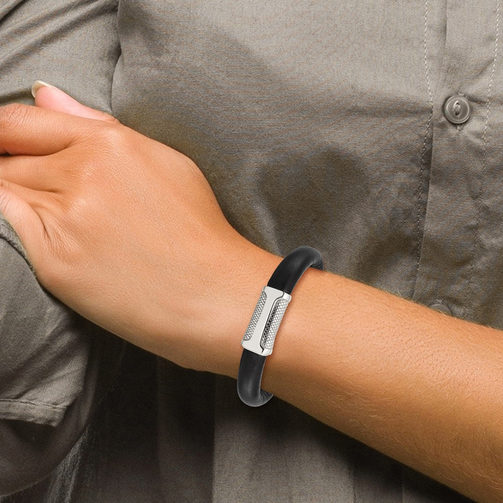 Stainless Steel Polished and Textured Black Leather 8.5in Bracelet