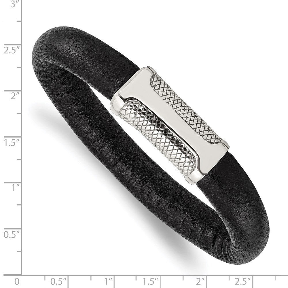 Stainless Steel Polished and Textured Black Leather 8.5in Bracelet