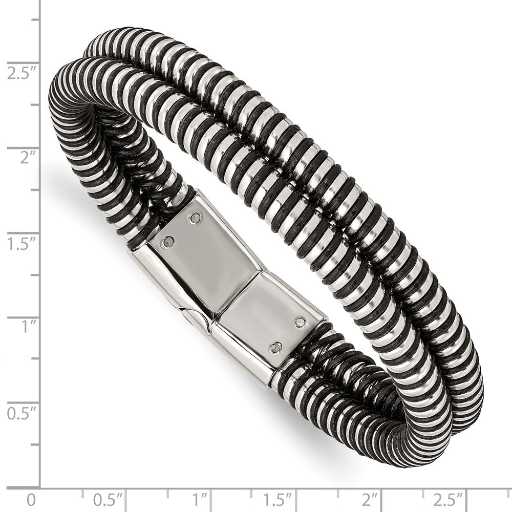 Stainless Steel Polished & Black Leather 8.5in Bracelet