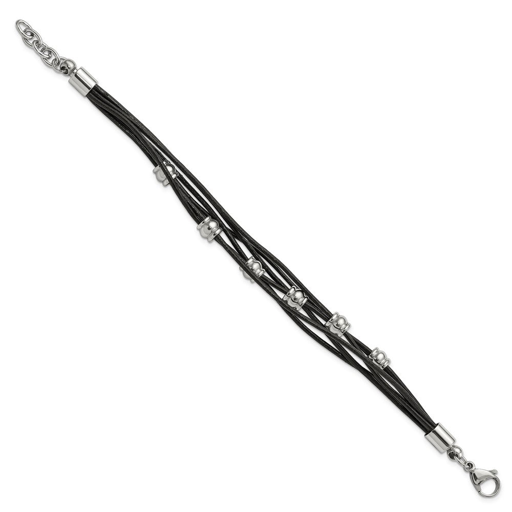 Chisel Stainless Steel Polished Beaded Multi-Strand Black Leather 7.5 inch Bracelet with .75 inch Extension