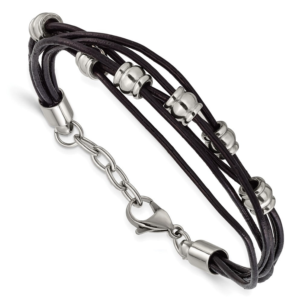 Chisel Stainless Steel Polished Beaded Multi-Strand Black Leather 7.5 inch Bracelet with .75 inch Extension