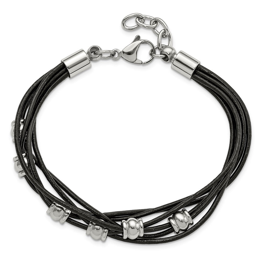 Chisel Stainless Steel Polished Beaded Multi-Strand Black Leather 7.5 inch Bracelet with .75 inch Extension