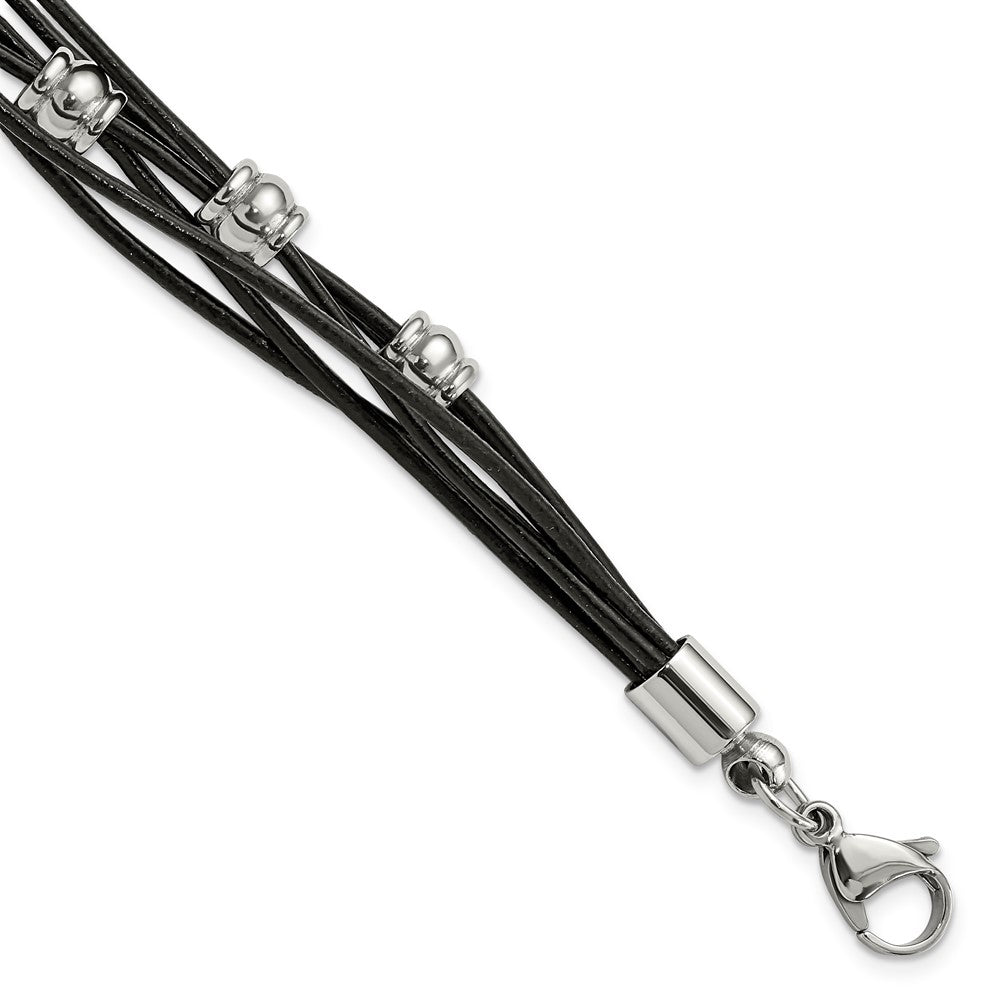 Chisel Stainless Steel Polished Beaded Multi-Strand Black Leather 7.5 inch Bracelet with .75 inch Extension