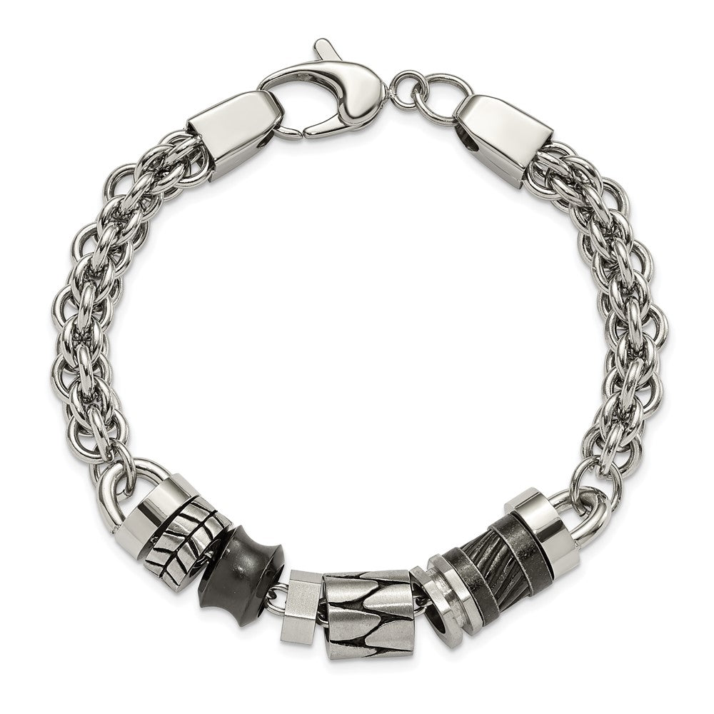 Stainless Steel Antiqued Brushed & Polished with Beads 8.25in Bracelet