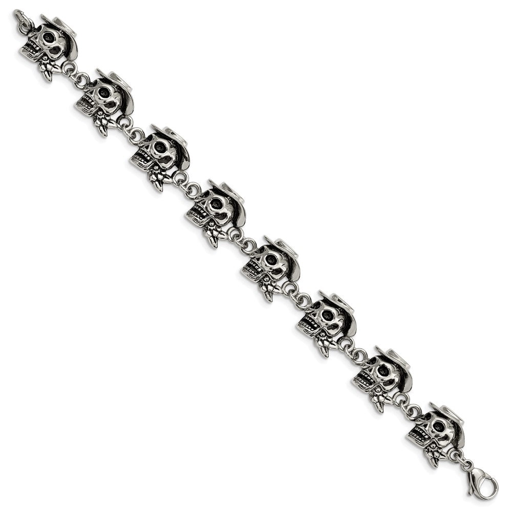 Stainless Steel Antiqued and Polished Pirates Skulls 8.5in Bracelet