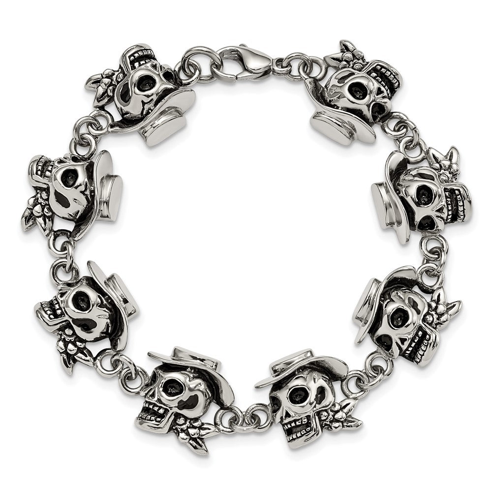 Stainless Steel Antiqued and Polished Pirates Skulls 8.5in Bracelet