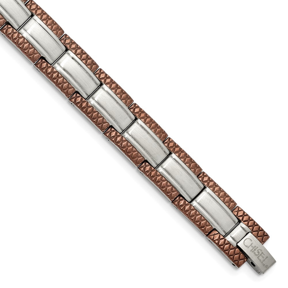 Chisel Stainless Steel Brushed with Textured Brown IP-plated Edges 8.75 inch Link Bracelet