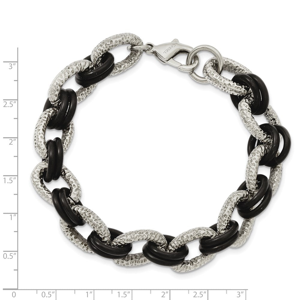 Stainless Steel 9in Polished and Textured with Black Rubber Bracelet