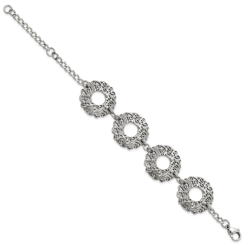 Stainless Steel Polished Fancy Filigree Circles w/1.5in ext Bracelet