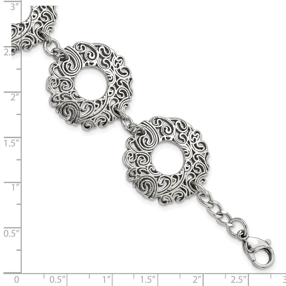 Stainless Steel Polished Fancy Filigree Circles w/1.5in ext Bracelet