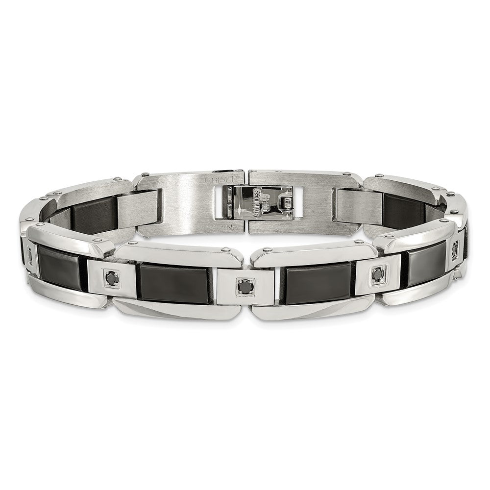 Chisel Stainless Steel Polished with Black Enamel and 1/2 carat Black Diamond 8.75 inch Bracelet