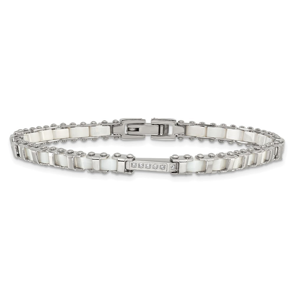 Stainless Steel Polished CZ & White Ceramic Link Bracelet