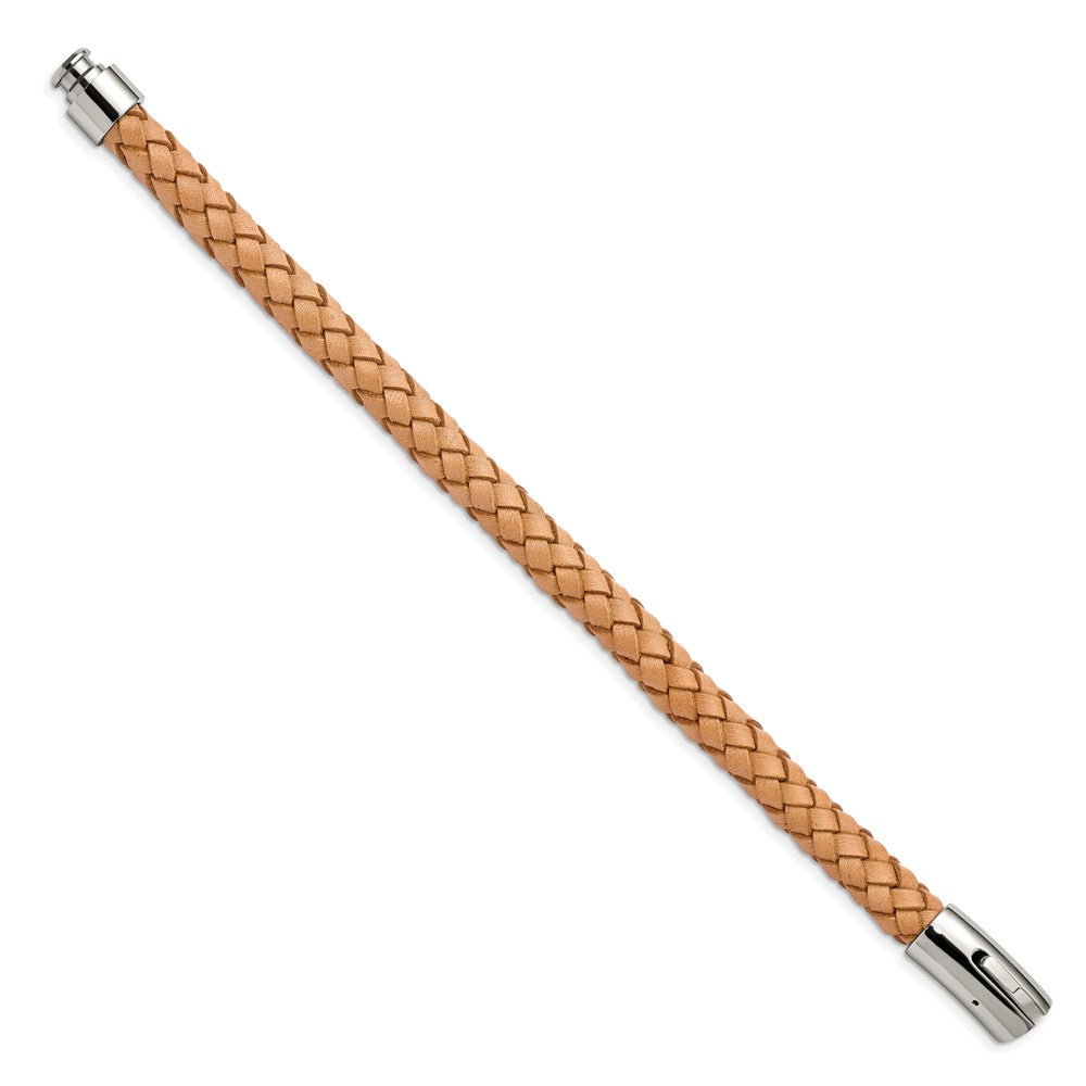 Chisel Stainless Steel Polished Light Tan Braided Leather 8.5 inch Bracelet