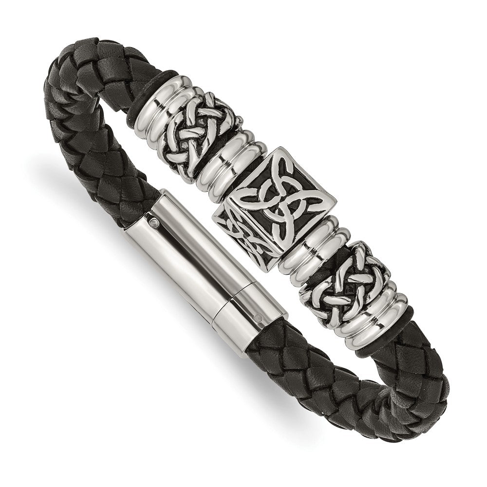 Chisel Stainless Steel Antiqued and Polished Black Braided Leather 8.5 inch Bracelet