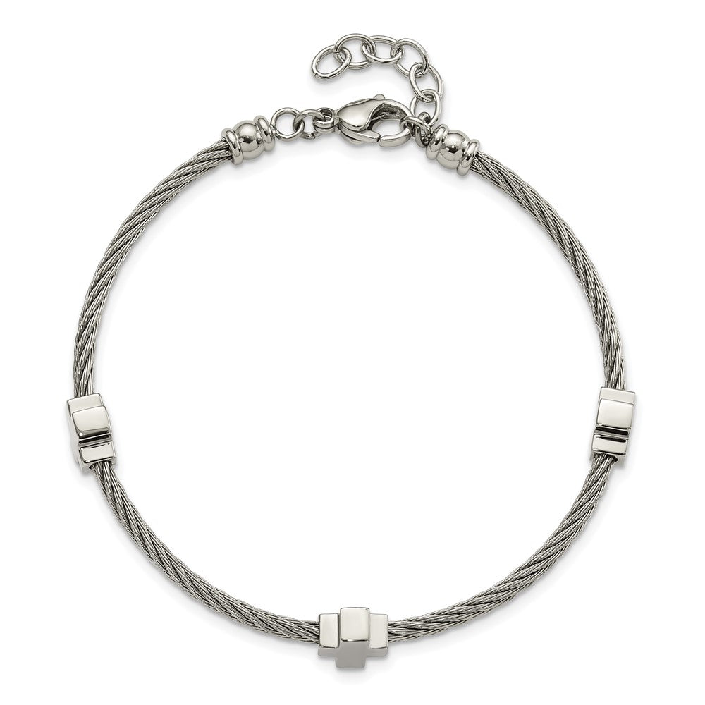 Chisel Stainless Steel Polished Crosses on Twisted Wire 7.5 inch Bracelet with .75 inch Extension