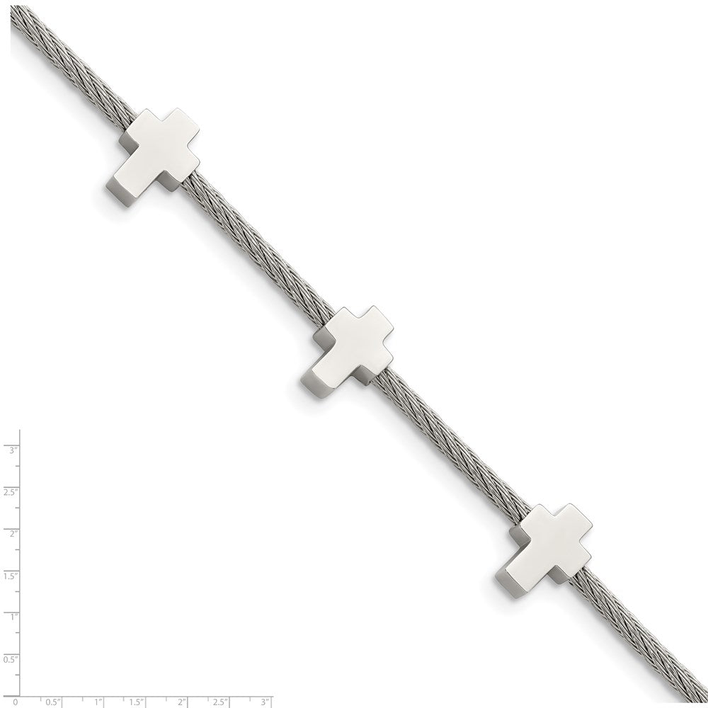 Chisel Stainless Steel Polished Crosses on Twisted Wire 7.5 inch Bracelet with .75 inch Extension