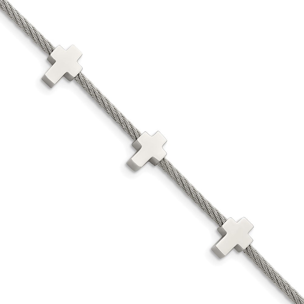 Chisel Stainless Steel Polished Crosses on Twisted Wire 7.5 inch Bracelet with .75 inch Extension