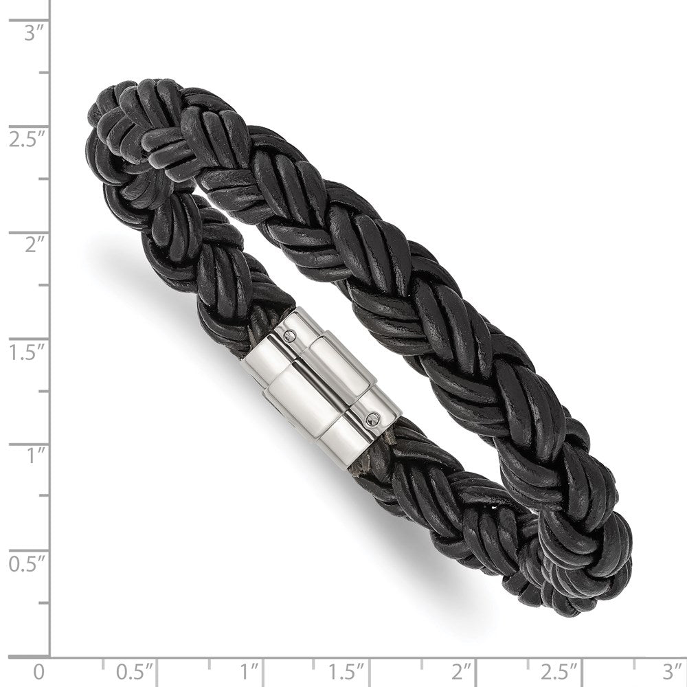 Chisel Stainless Steel Polished Twisted Black Braided Leather 8.5 inch Bracelet