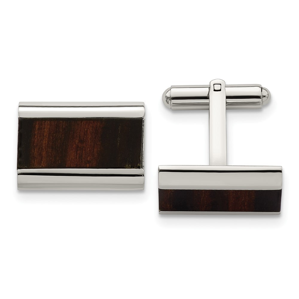 Chisel Stainless Steel Polished Black Koa Wood Inlay Rectangle Cufflinks