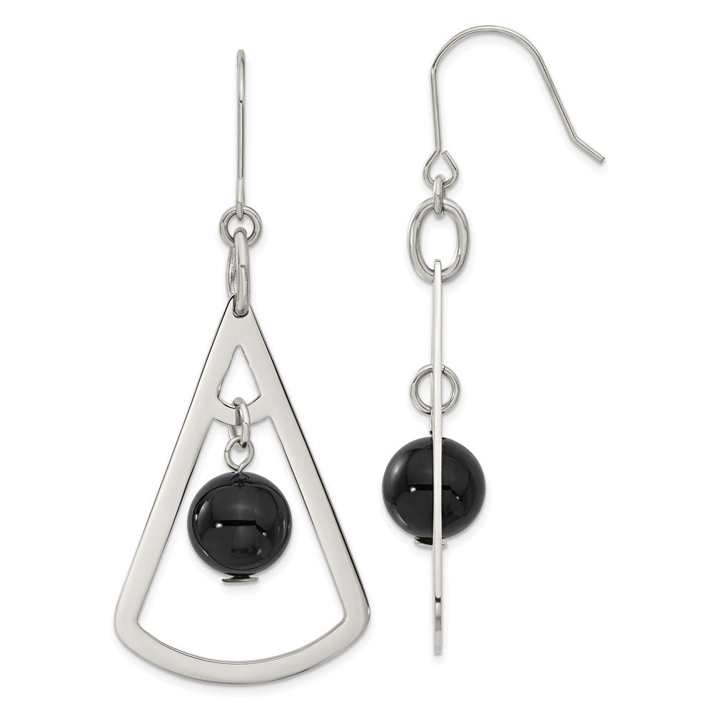 Stainless Steel Triangle & Onyx Dangle Shepherd Hook Earrings