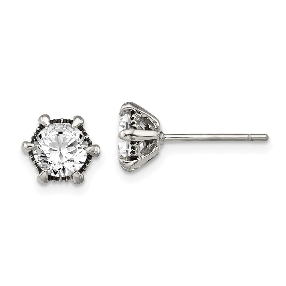 Chisel Stainless Steel Antiqued and Polished CZ Post Earrings