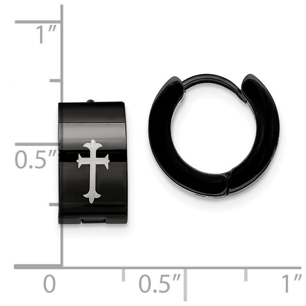 Chisel Stainless Steel Black IP-plated 7mm Hinged Hoop with Cross Earrings