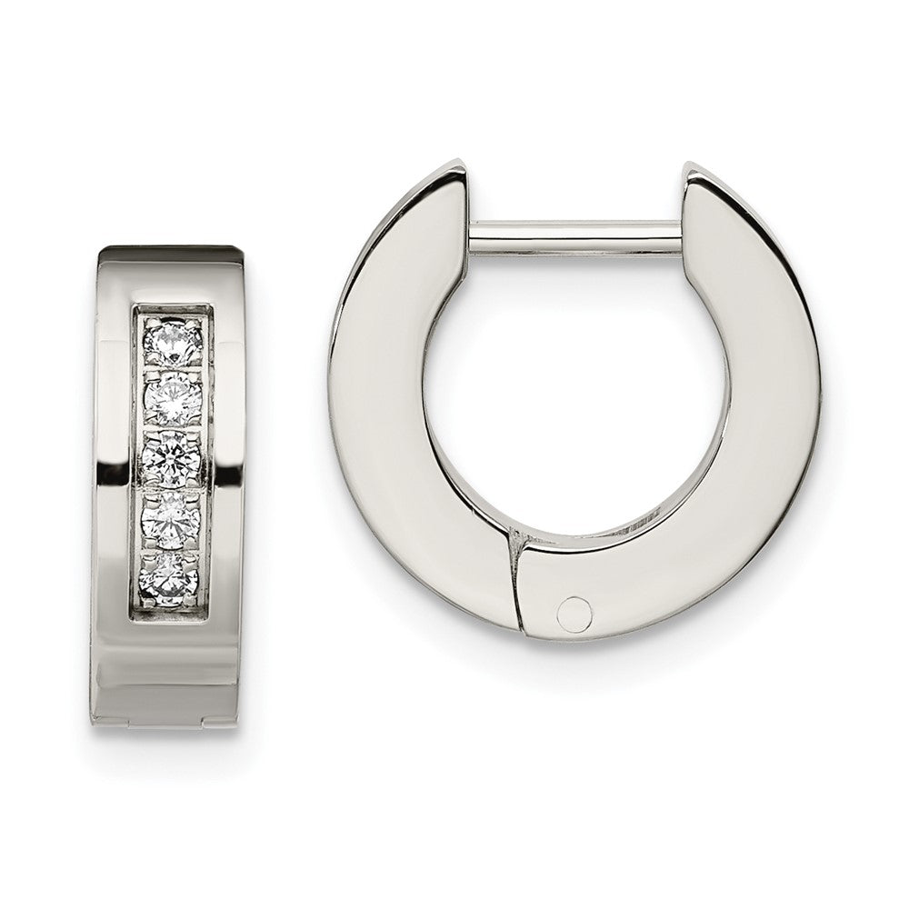 Chisel Stainless Steel Polished with CZ 4mm Hinged Hoop Earrings