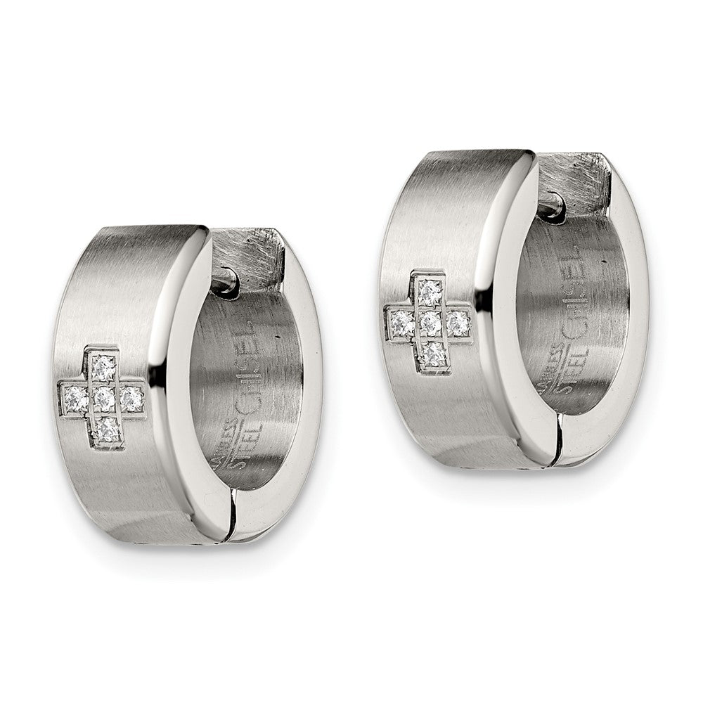 Chisel Stainless Steel Brushed and Polished with CZ 6mm Hinged Hoop Earrings