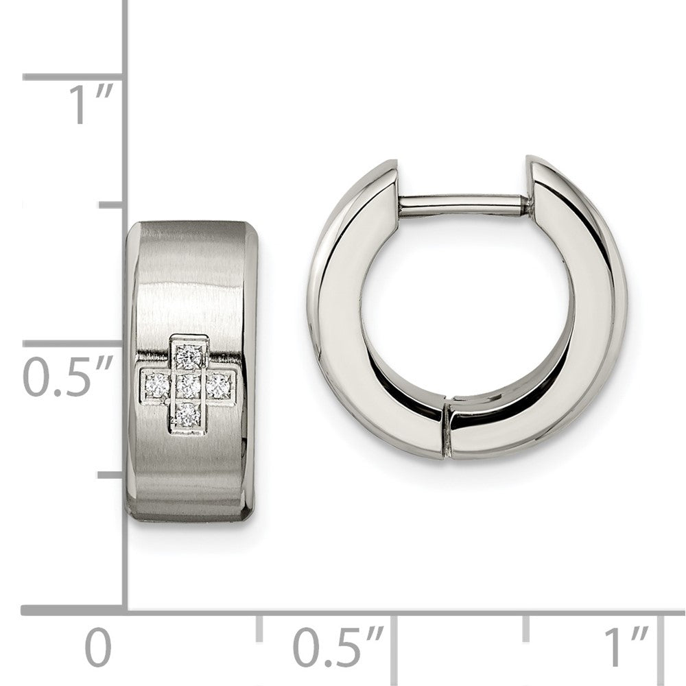 Chisel Stainless Steel Brushed and Polished with CZ 6mm Hinged Hoop Earrings