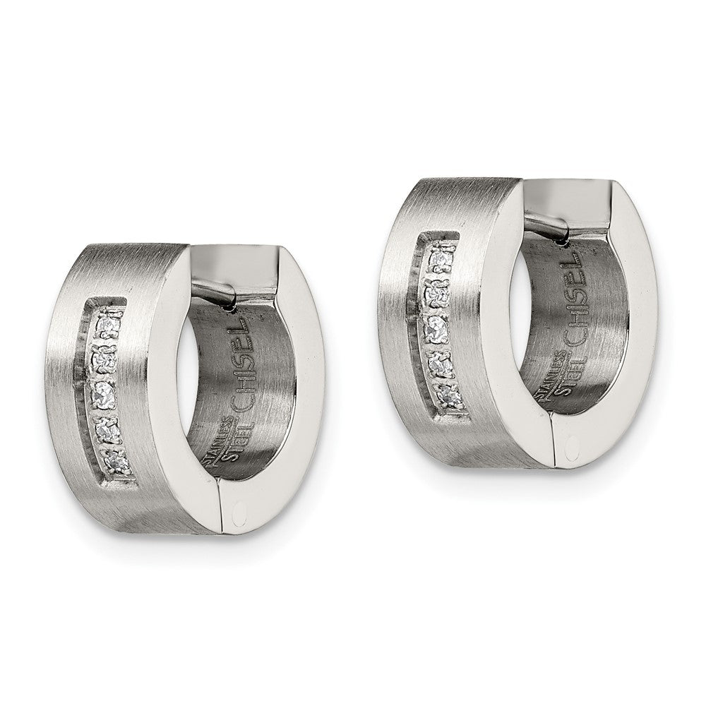 Chisel Stainless Steel Brushed and Polished with CZ 5mm Hinged Hoop Earrings