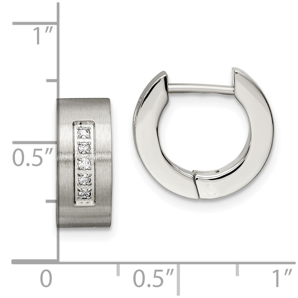 Chisel Stainless Steel Brushed and Polished with CZ 5mm Hinged Hoop Earrings