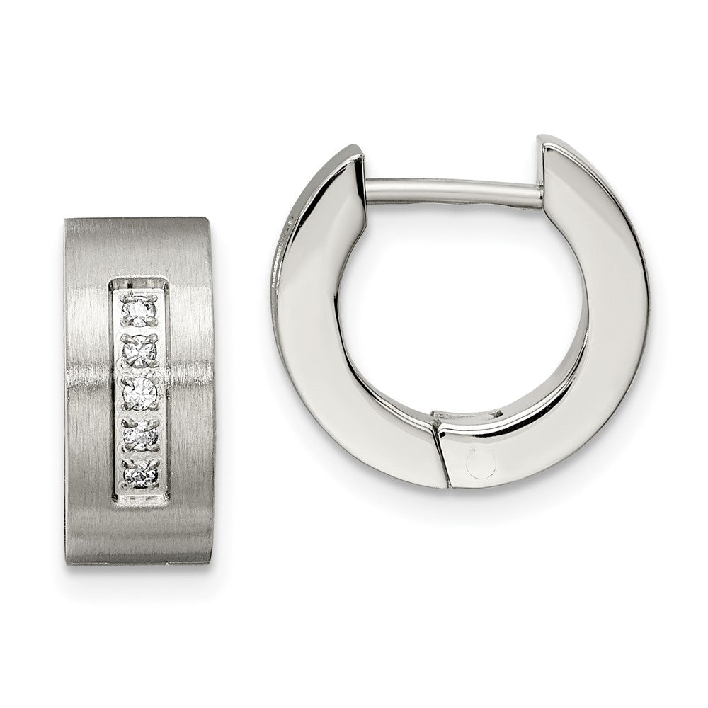 Chisel Stainless Steel Brushed and Polished with CZ 5mm Hinged Hoop Earrings