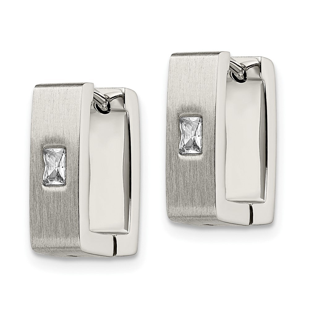 Chisel Stainless Steel Brushed and Polished with CZ 5mm Square Hinged Earrings