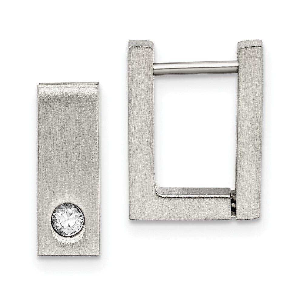 Chisel Stainless Steel Brushed and Polished with CZ 4mm Square Hinged Hoop Earrings