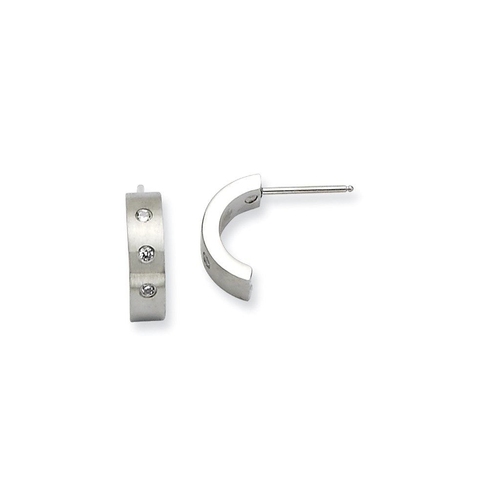 Stainless Steel CZ Brushed & Polished Half Hoop Post Earrings