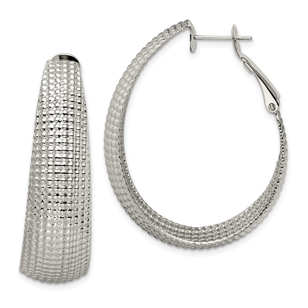 Chisel Stainless Steel Polished and Textured Oval Omega Back Hoop Earrings