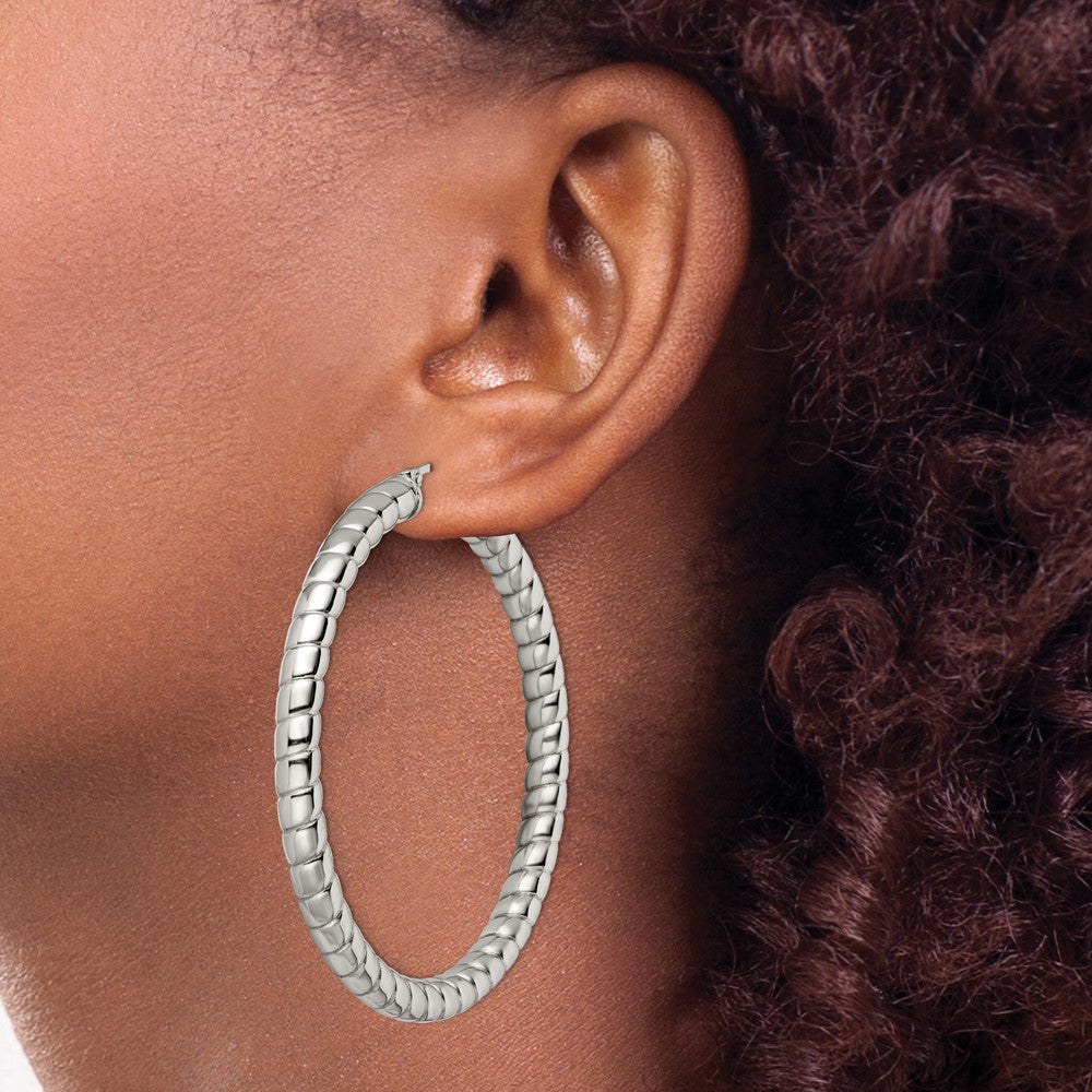 Chisel Stainless Steel Polished and Textured Hollow Hoop Earrings