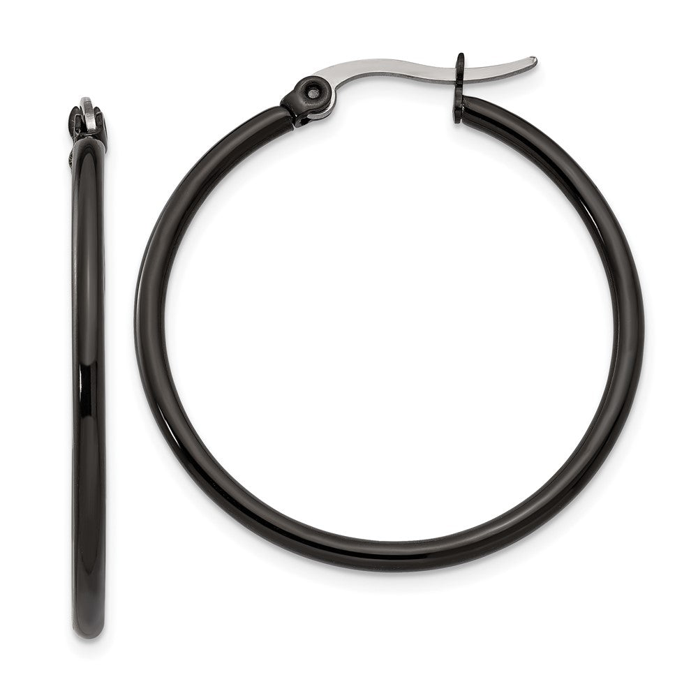 Chisel Stainless Steel Polished Black IP-plated 32mm Diameter 2mm Hoop Earrings