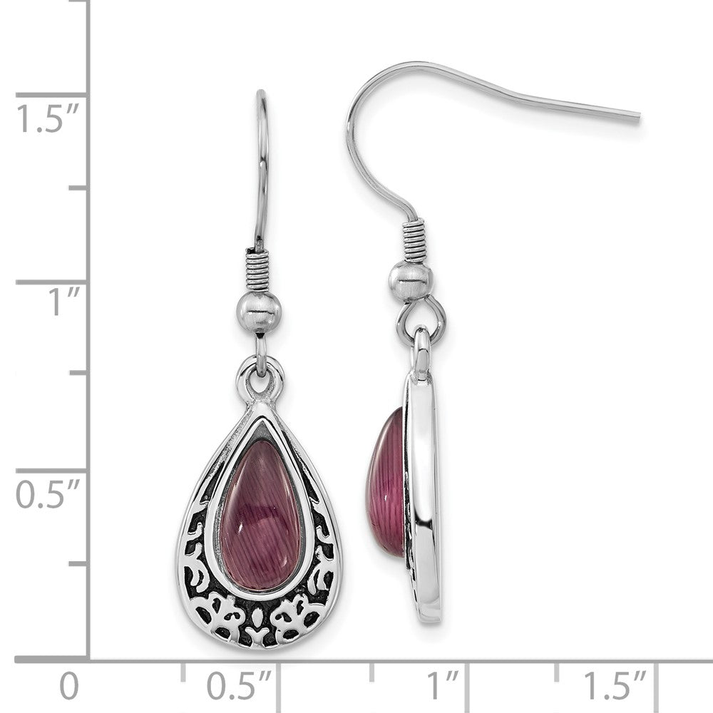 Stainless Steel Antiqued & Purple Cats Eye Teardrop Dangle Earrings