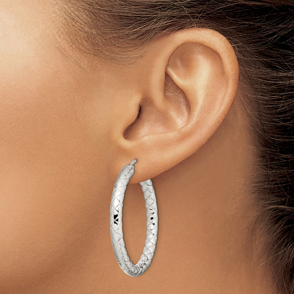 Chisel Stainless Steel Polished and Textured 30mm Diameter Hollow Hoop Earrings