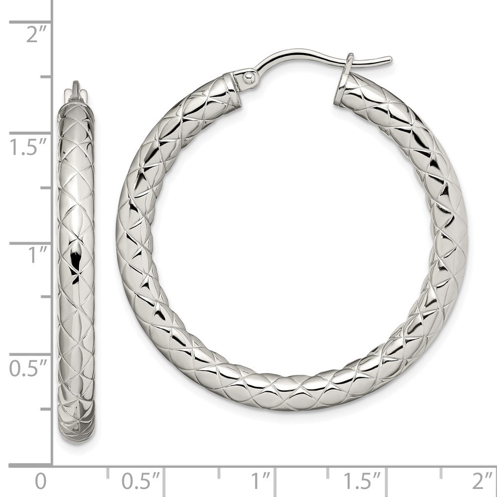 Chisel Stainless Steel Polished and Textured 30mm Diameter Hollow Hoop Earrings