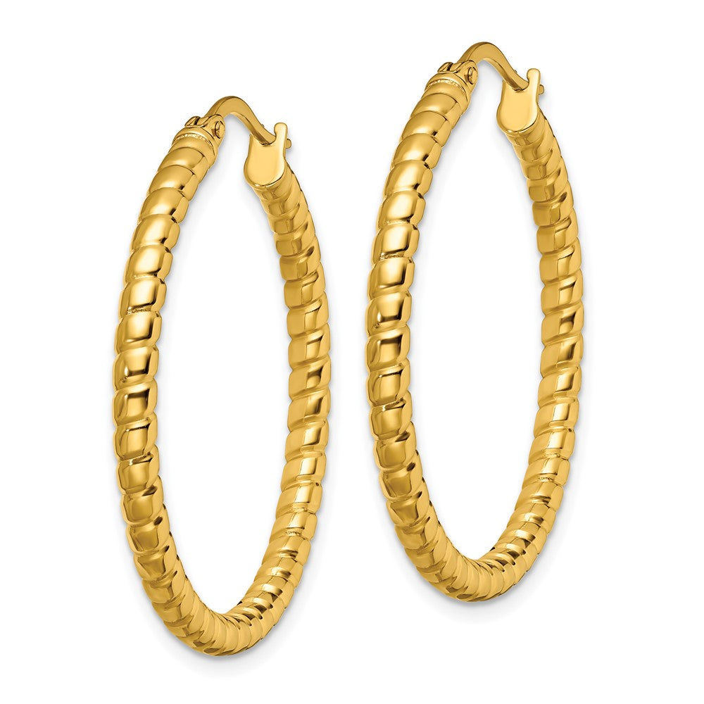 Chisel Stainless Steel Polished and Textured Yellow IP-plated Hollow Hoop Earrings