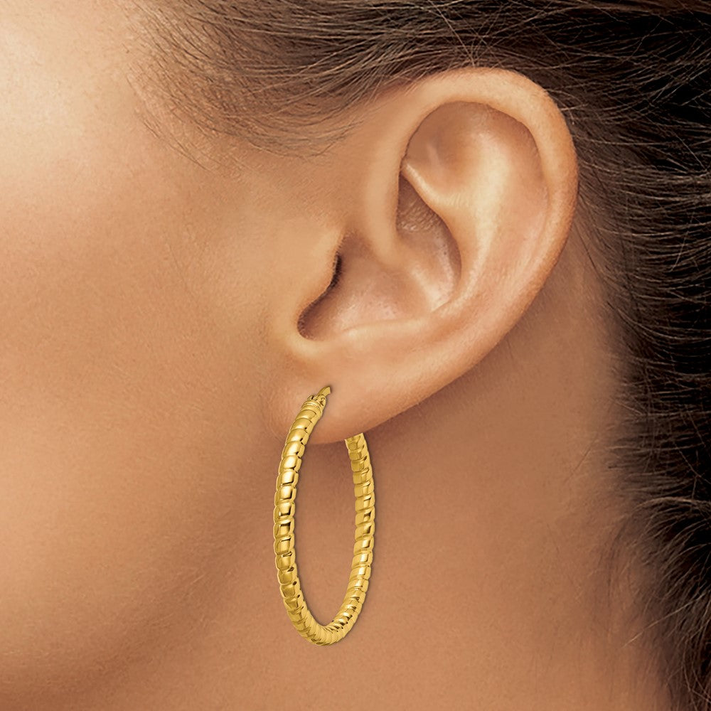 Chisel Stainless Steel Polished and Textured Yellow IP-plated Hollow Hoop Earrings