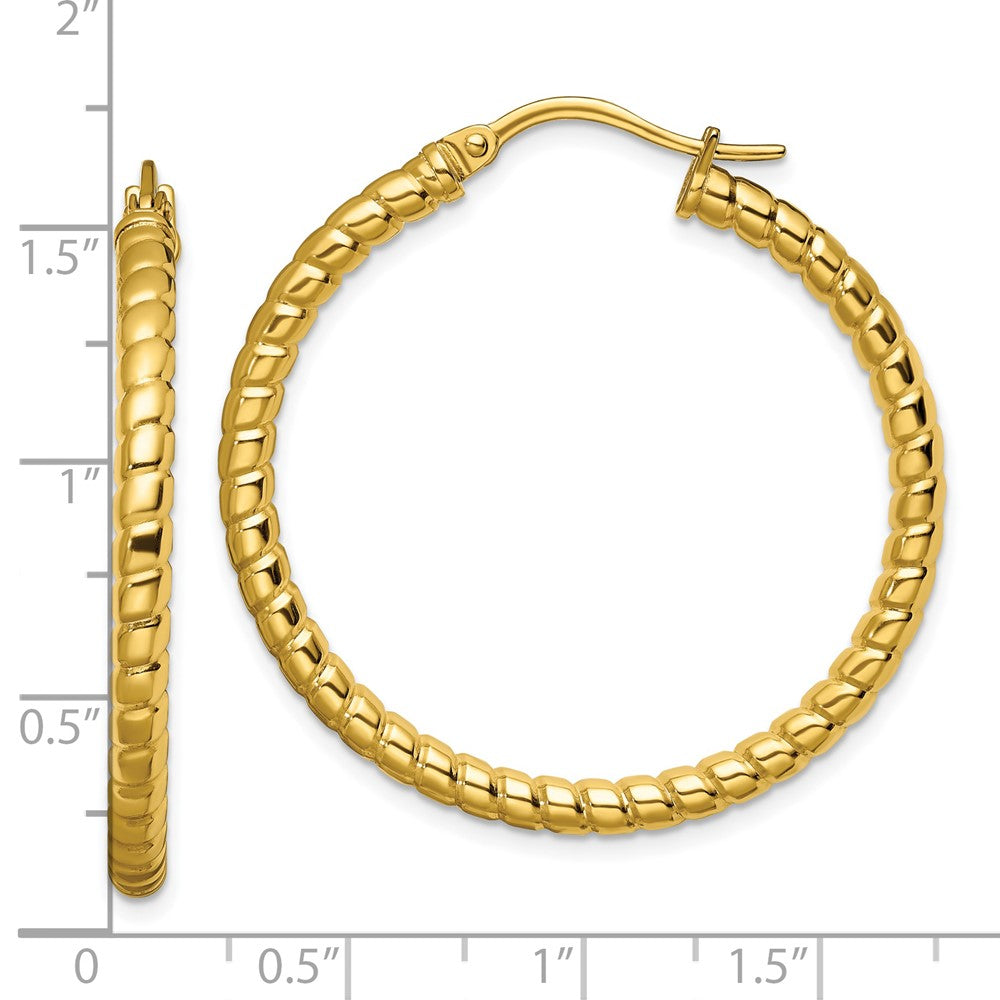 Chisel Stainless Steel Polished and Textured Yellow IP-plated Hollow Hoop Earrings