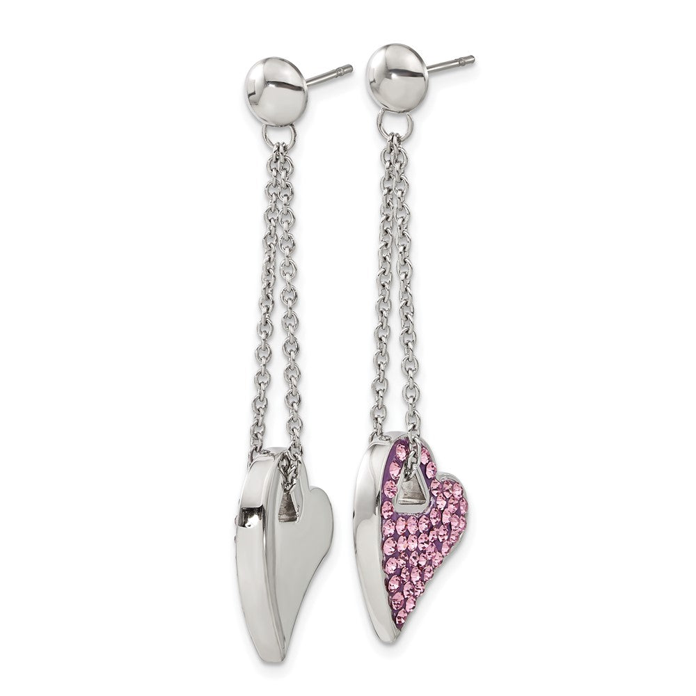 Stainless Steel Pink Crystal Post Dangle Heart Earrings