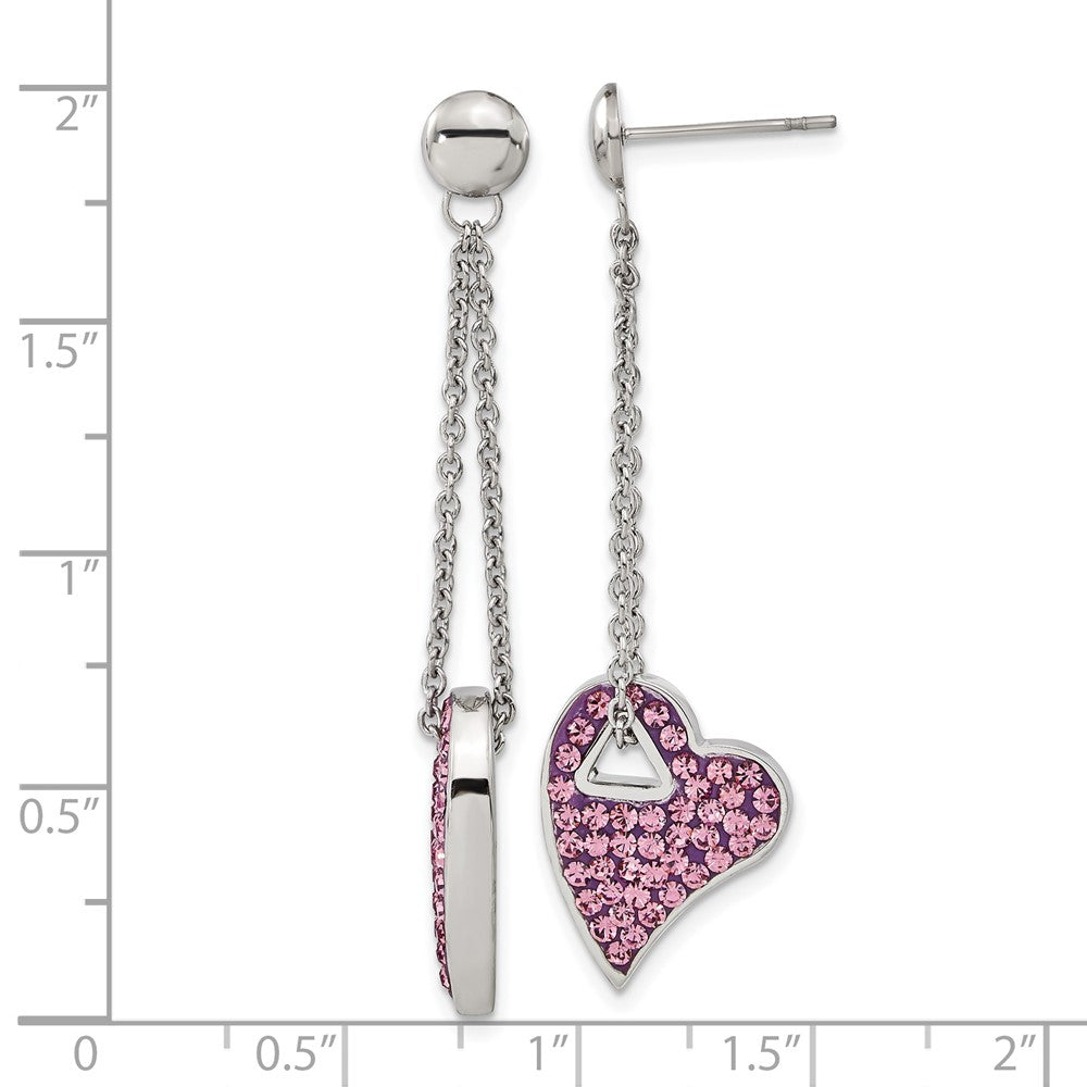 Stainless Steel Pink Crystal Post Dangle Heart Earrings