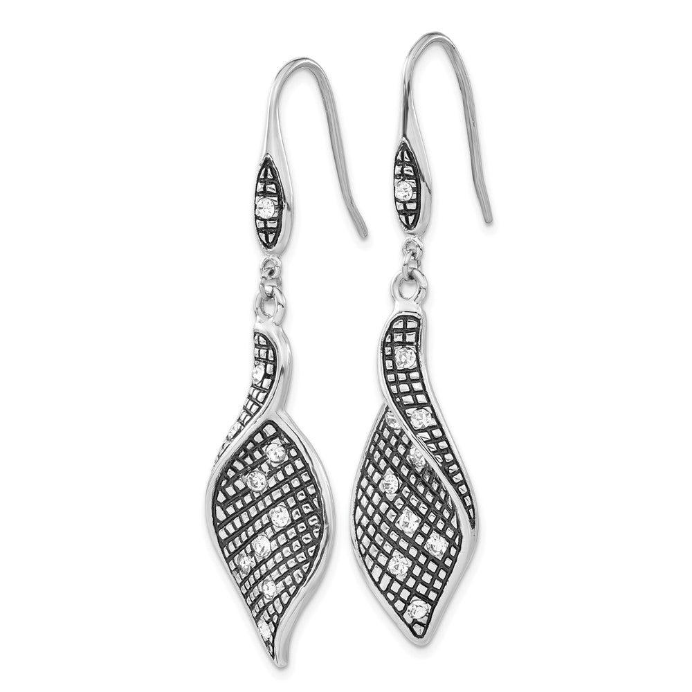 Stainless Steel Polished & Antiqued Crystal Shepherd Hook Dangle Earrings