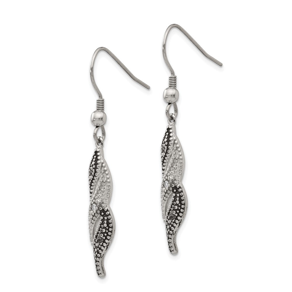 Chisel Stainless Steel Antiqued and Polished CZ Dangle Shepherd Hook Earrings