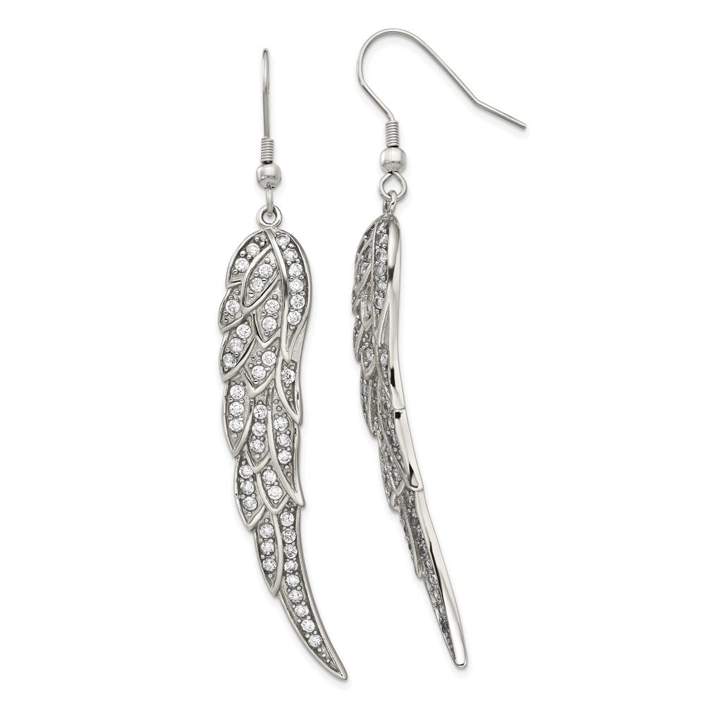 Stainless Steel Polished w/CZ Dangle Shepherd Hook Earrings