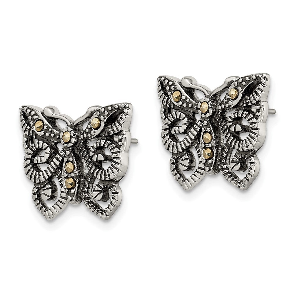 Stainless Steel Antiqued and Polished Marcasite Butterfly Post Earrings